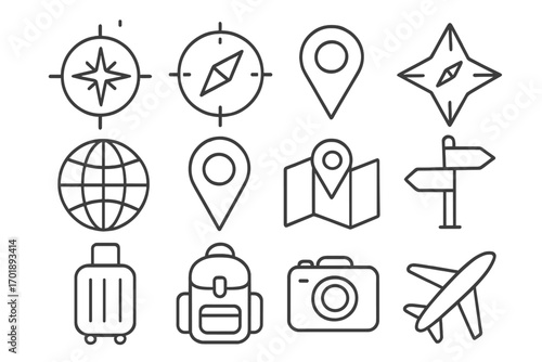 Set of travel and journey icons with compass, location pins, globe, map, suitcase, backpack, camera, airplane outline symbols for graphic design, apps, adverts, cards