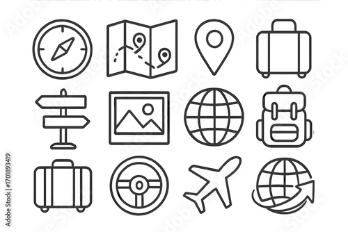 Set of travel and journey related line icons, compass, map, location pin, suitcase, travel bag, direction sign, globe, airplane, steering wheel, travel and navigation symbols, vector outline