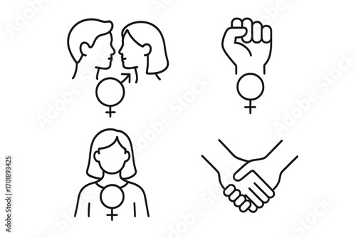 Gender and feminism line icon set. Vector symbols for equality, solidarity, female empowerment, women's rights. Man and woman couple, protest fist, holding hands icons.