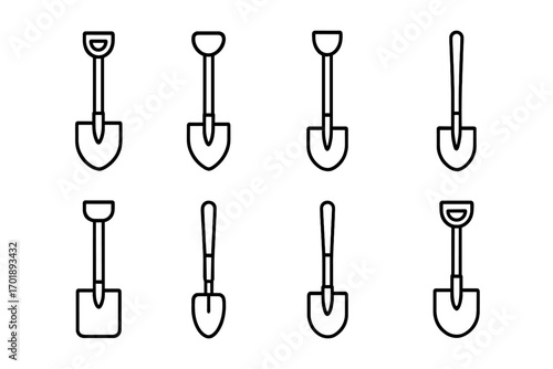 Set of shovel icons, outline garden and construction tools, digging equipment vector, minimalist spade symbols for graphic design, web apps, adverts, and cards