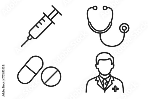 Medical icon set vector. Healthcare line icons collection. Doctor, syringe, stethoscope, pills. Medicine, treatment, diagnosis symbols for hospital, clinic, web, and app.