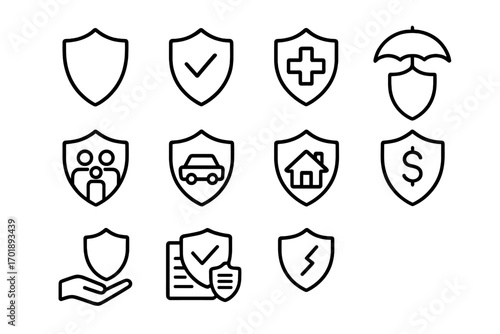 Shield and insurance line icon collection, outline safety protection signs for graphic design, apps, adverts, cards vector cartoon illustration transparent background