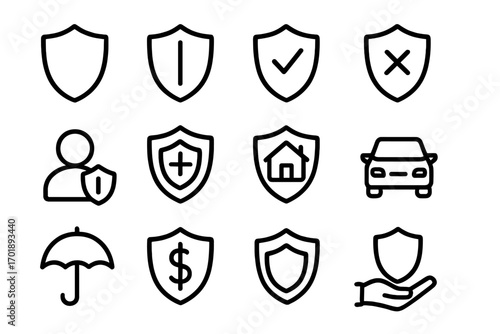 Shield and insurance bundle of line icons and outline signs for graphic and web design, app interfaces, adverts, business cards, security, protection concepts, vector cartoon illustration