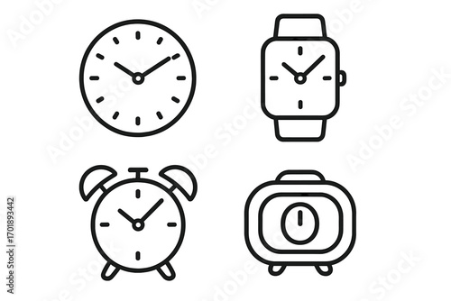 Clock, smart watch, alarm, timer vector line icon collection. Time management outline symbols. Pictogram set for web design, app, UI, UX, deadline, schedule concepts.