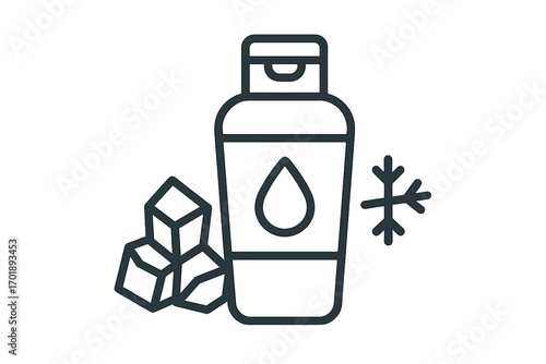 Cooling shampoo icon. Menthol hair conditioner with ice cubes. Icy fresh effect cosmetic product. Cold hair care treatment with snowflake. Minimal vector outline symbol.