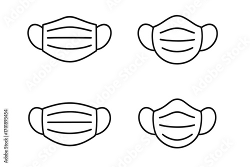 Medical face mask line icon set. Health protection and virus prevention concept. Surgical safety mask outline symbol collection. Simple vector illustration for hygiene, pandemic.