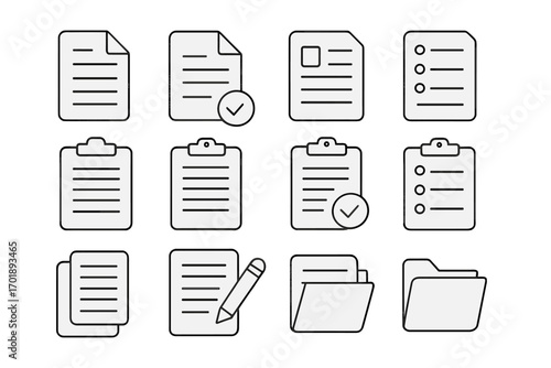 Document line icon set. Office files, clipboard, checklist, and folder symbols. Vector outline icons for business reports, web design, and app interfaces. Minimalist data signs.