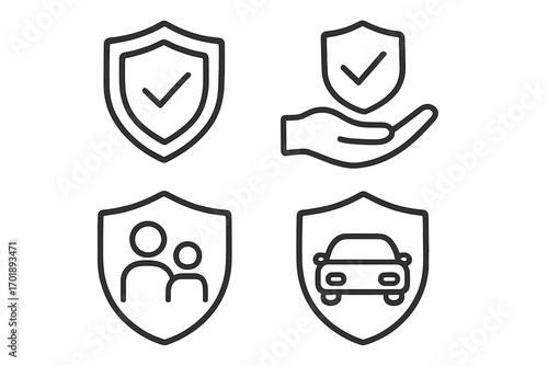 Modern Shield and Insurance Outline Icons Set with Checkmarks, Family, Car Protection Symbols for Design, Apps, Social Networks, Cards, Transparent Background Vector