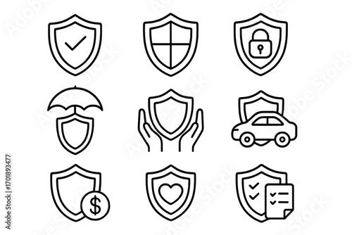 Shield and insurance icon set collection, outline safety and protection symbols for web design, apps, adverts, finance and auto security, vector cartoon illustration transparent background