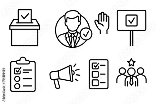 Election and voting thin line icon collection. Vector symbols for politics, democracy, and government. Ballot box, candidate, poll, and campaign signs for web or infographics.