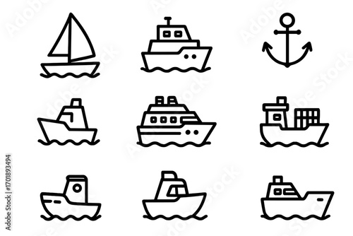Ship line icon bundle collection. Outline vector icons for graphic design, web apps, advertising, cards. Cartoon style nautical ships set, sailboat, cargo ship, anchor, boat illustrations.