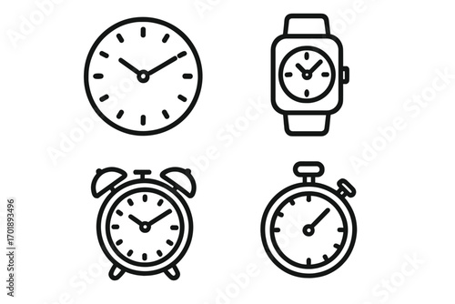 Clock, smartwatch, alarm, and timer line icon set. Vector symbols for time management, schedule, and deadlines. Outline graphic elements for web, app, and print design.