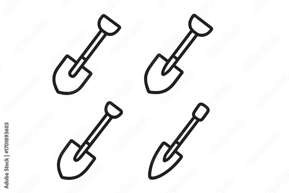 Modern shovel outline icons set for design, apps, social media, vector cartoon illustration, transparent background, gardening, construction, digging tools collection Modern shovel outline icons set for design, apps, social media, vector cartoon illustration, transparent background, gardening, construction, digging tools collection