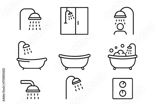 Shower and bathtub line icon set, bathroom fixtures and hygiene symbols, outline vector signs for graphic design, apps, adverts, UI elements, bathroom essentials collection