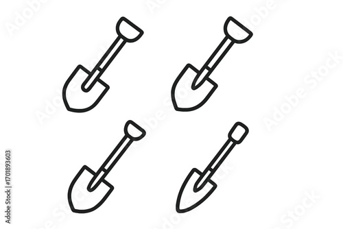 Modern shovel outline icons set for design, apps, social media, vector cartoon illustration, transparent background, gardening, construction, digging tools collection
