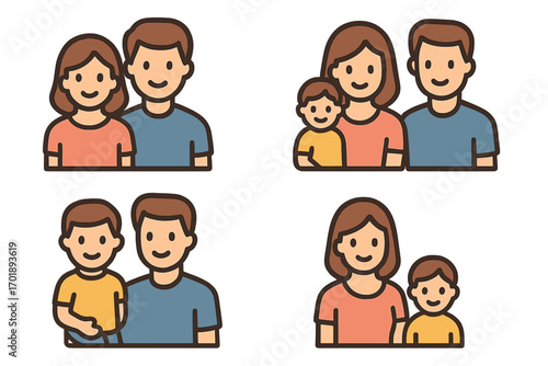Family icon set collection. Parents with child, couple, single parent. Mother, father, son characters. People relationship concept. Flat vector illustration for app, web.