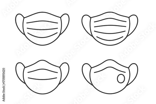 Medical face mask line icon set. Surgical mask for virus and flu protection. Healthcare safety and pandemic prevention symbol. Outline vector illustration collection.