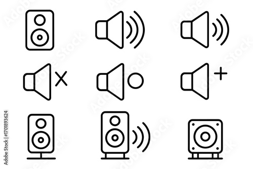 Speaker line icon set. Sound, volume control, mute, and audio symbols. Outline vector graphic pack for website design, mobile apps, and user interface (UI) elements.