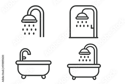 Modern shower and bathtub outline icons set, vector cartoon illustrations for design, apps, cards, social networks, bathroom plumbing, water flow symbols, transparent background