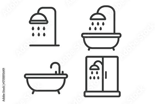 Modern Shower and Bathtub Outline Style Icons Set, Bathroom Fixtures Vector, Showerhead and Bathtub Symbols for Design, Apps, Cards, Social Networks, Home Decor Illustration