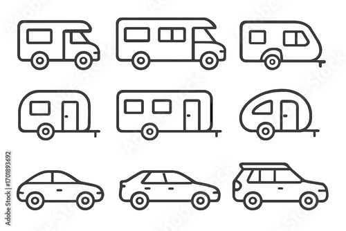 Motorhome, car and caravan trailer vector line icon set. RV, camper van and vehicle outline symbols for travel and vacation. Transport pictograms for web and mobile apps.