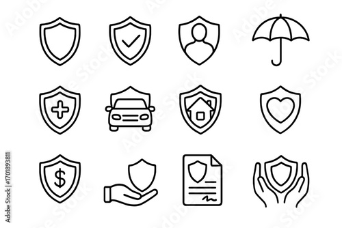 Set of protection and insurance line icons, shield outline symbols for security, health, car, home, finance, and safety concepts, vector illustration for web and graphic design