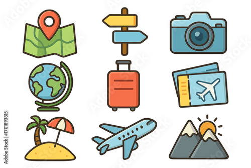 Travel icon collection with map location, globe, directional sign, camera, suitcase, airplane, tickets, tropical island, and mountain sunset. Cartoon vector set for travel apps and graphics
