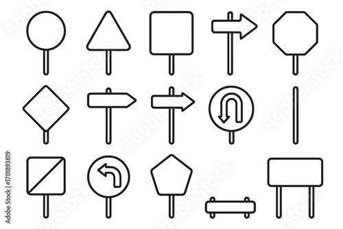 Road sign line icon collection, outline traffic signs for graphic design, web, apps, adverts, blank and directional boards, vector cartoon illustration with transparent background