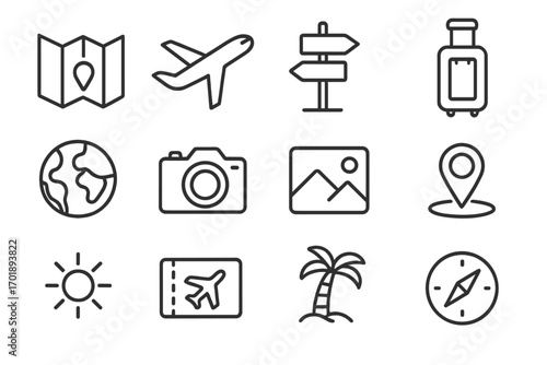 Travel line icon set with map, airplane, suitcase, globe, camera, location pin, sun, ticket, palm tree, and compass vector illustration for apps, graphics, and design concepts