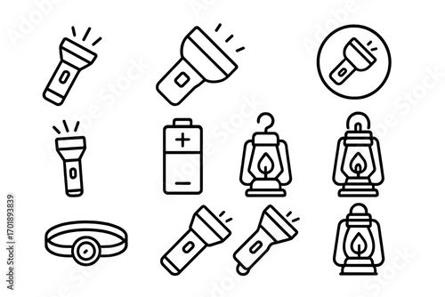 Camping flashlight line icons set, battery lantern headlamp outline symbols for graphic design, web apps, advertising, outdoor adventure, camping gear vector illustration