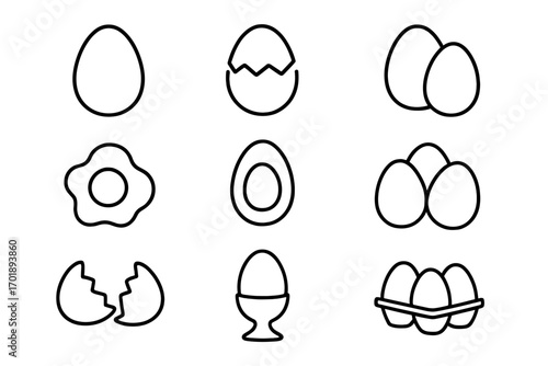 Egg icon set vector thin line art. Collection of outline signs for apps, web. Fried, boiled, cracked egg, broken eggshell, egg cup, carton. Food, breakfast, protein symbol.
