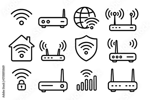 WiFi and router line icon collection with wireless signal, internet network, secure connection, technology symbols, modem, home internet, communication, outline vector graphics
