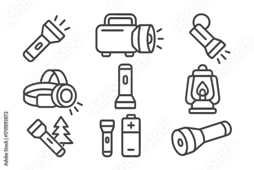 Set of Camping Flashlight and Lantern Line Icons. Outdoor Lighting Equipment, Camping Gear Vector Symbols for Graphic and Web Design, Apps, and Advertisements, Cartoon Style