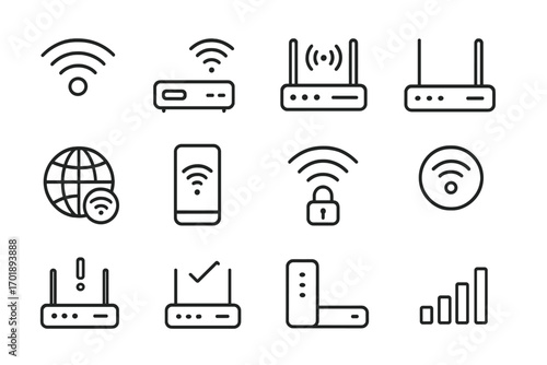 WiFi and router icon set, line outline collection for graphic design, web, apps, advert banners, tech gadgets, internet signal, wireless network symbols, vector cartoon transparent