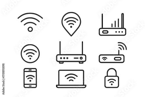 Modern WiFi and Router Outline Icons Set for Design, Apps, Social Media, Network Connection Symbols, Smartphone, Laptop, Security Lock, Wireless Technology Vector Illustration