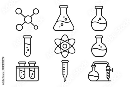 Set of chemistry related line icons with editable strokes for web design, apps, cards featuring chemical compounds, laboratory glassware, atom symbols, test tubes, flasks, pipette vector
