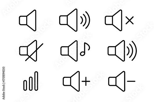 Set of loudspeaker and speaker sound icons, volume control, mute, sound wave, audio adjustment, music note, wireless signal, line vector signs for graphic design, web, apps, adverts, cards
