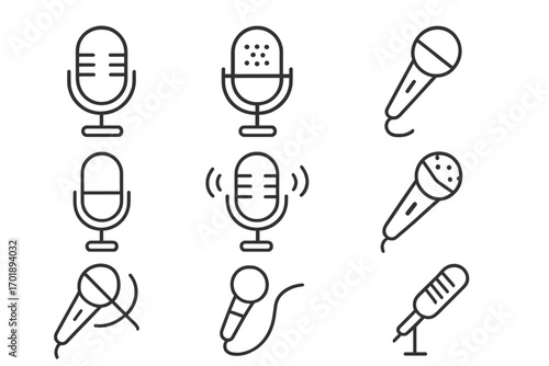 Set of microphone related line icons, outline signs for graphic design, web design, apps, adverts, voice recording, podcasting, audio equipment, music, communication symbols, vector illustration