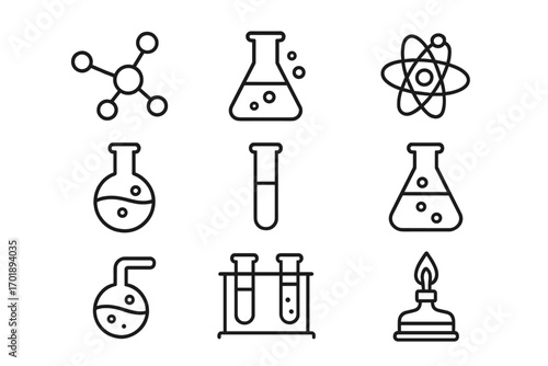 Set of Chemistry Line Icons with Editable Stroke for Design, Web, Apps, Cards, Vector Illustrations of Chemical Compounds, Laboratory Flasks, Atom Symbols, Science Elements
