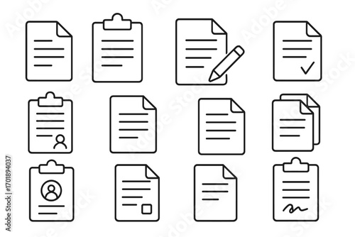 Document and clipboard line icon set. File, form, contract, and report symbols. Edit, approved check, user profile, and signature icons for web and apps. Vector graphic.