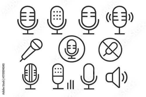 Set of microphone related line icons and outline signs, audio recording symbols, sound and voice technology vector illustrations for graphic design, apps, adverts, cards