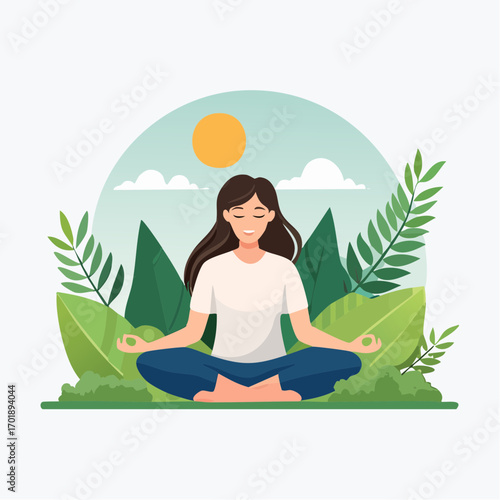 Serene Woman Meditating In Nature With Lush Green Foliage