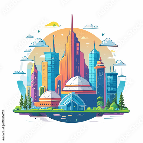Pixel Art Cityscape With Colorful Buildings And Green Parks