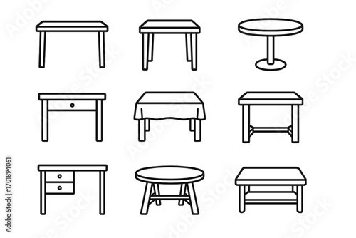 Set of table icons line art. Furniture outlines for graphic design, web, apps, advertising, business, office, home, restaurant, cafe, vector illustration transparent background