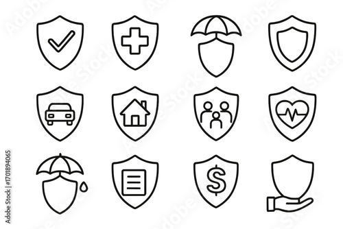 Shield and insurance line icon bundle with outline signs for graphic design, web, apps, adverts, various cards, protection symbols, safety concepts, transparent vector cartoon illustration