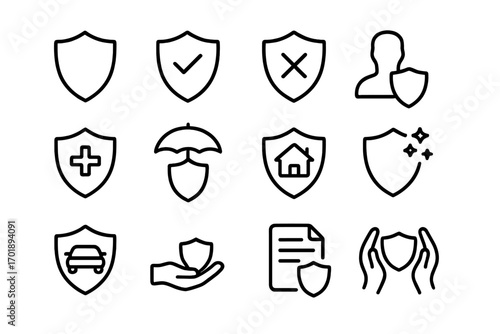 Shield and insurance icon set with outline line symbols, protection signs for safety, health, home, car, user security, document insurance, and care hands, vector illustration