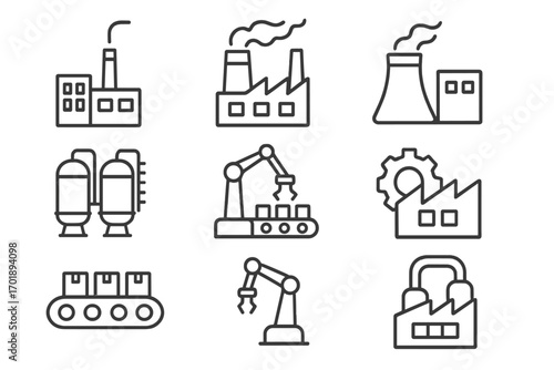 Factory line icon set. Industry, manufacturing, production vector symbols. Automation, robotic arm, conveyor belt. Power plant, industrial building outline illustrations.