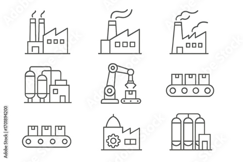 Factory industry vector line icon set. Manufacturing, production line, automation symbols. Robotic arm, conveyor belt, industrial plant building outline pictogram collection.