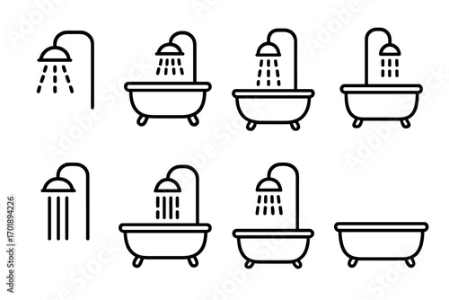 Shower and bathtub line icon set, outline bathroom symbols collection for graphic design, web apps, adverts, hygiene and bath concepts, vector cartoon transparent