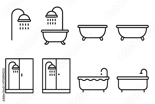 Shower and bathtub line icon pack set with outline bathroom symbols for graphic design, web apps, adverts, cards, hygiene, water, and home showering concepts